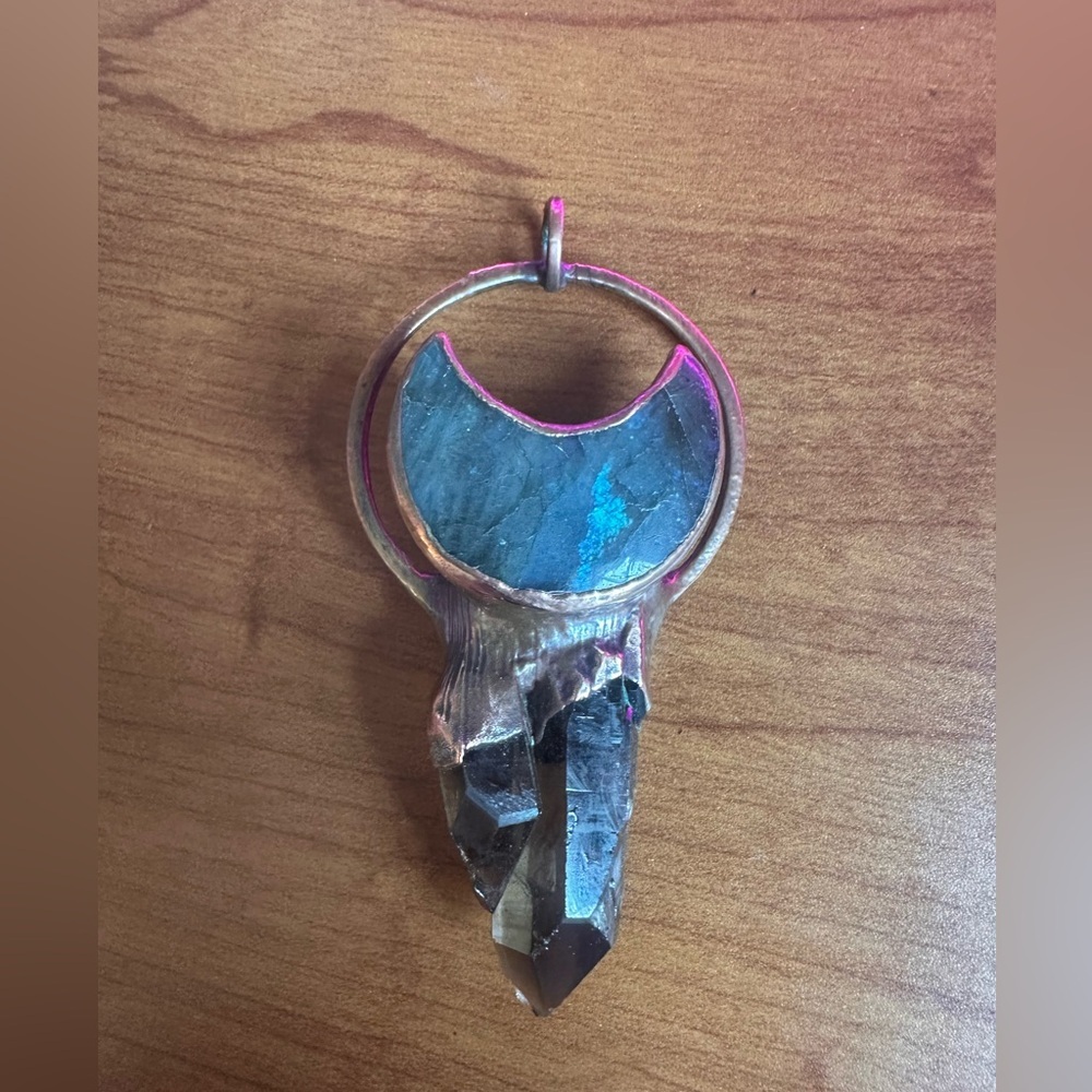 Stunning Smoky Quarts Crystal and Labradorite Moon  Copper Electroform Pendant